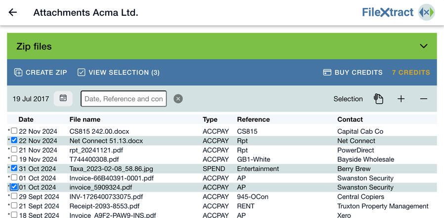 Filter and select the invoices to download